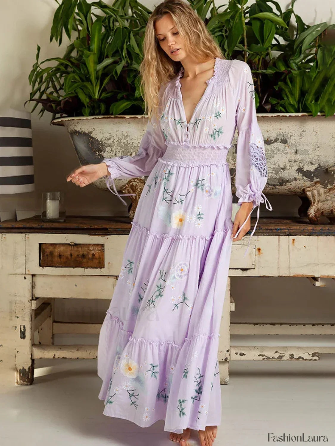 Retro V-Neck Elastic Boho Dress