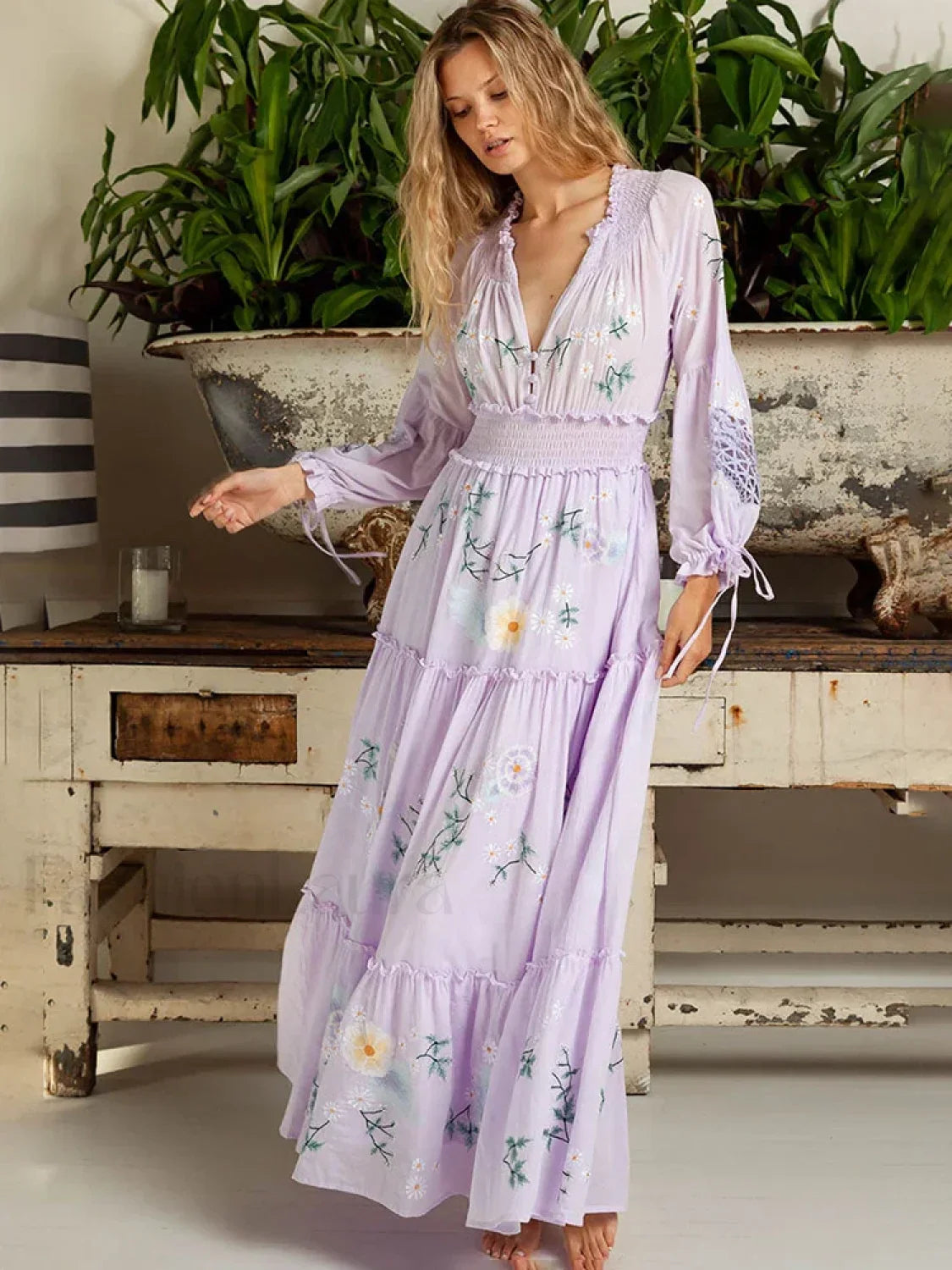 Retro V-Neck Elastic Boho Dress