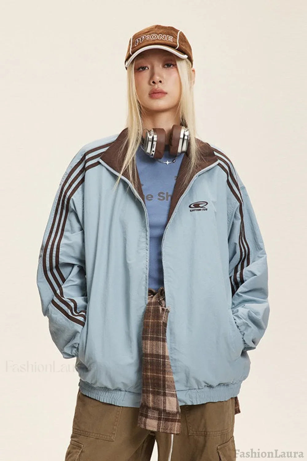 Reversible Stand Collar Colorblock Jacket M / Blue-Brown