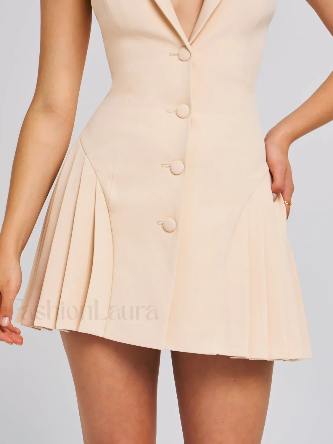 Reyna Beige Backless Charming Pleated Mini Blazer Dress