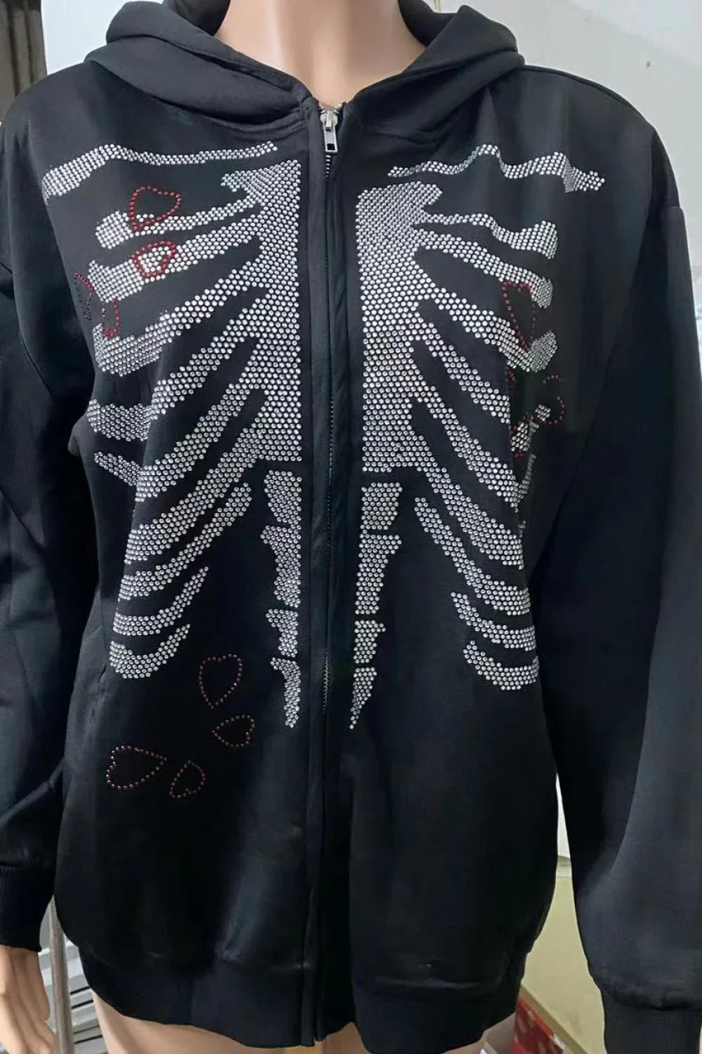 Rhinestone Heart and Skeleton Hoodie Black / S