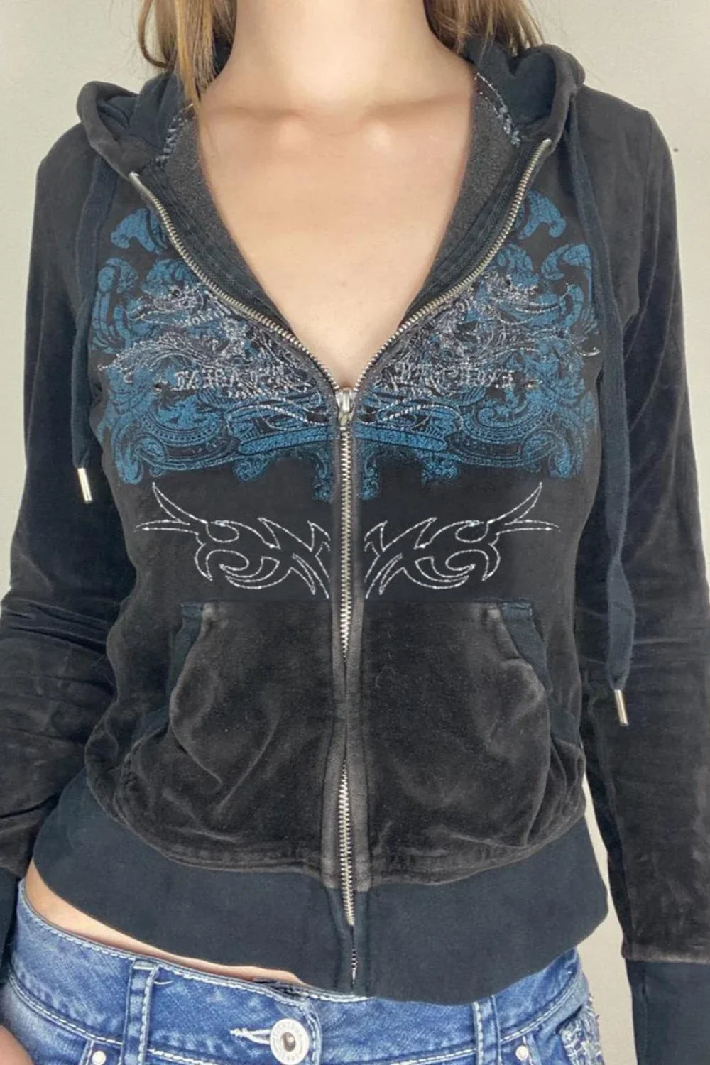 Rhinestone Print Zipper Hoodie