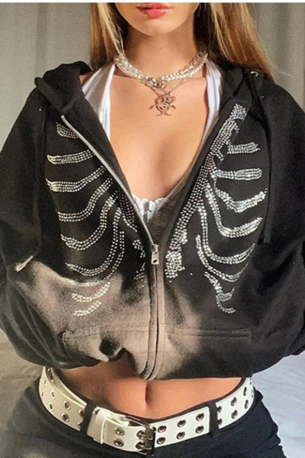 Rhinestone Skeleton Zip Up Hoodie Black / S