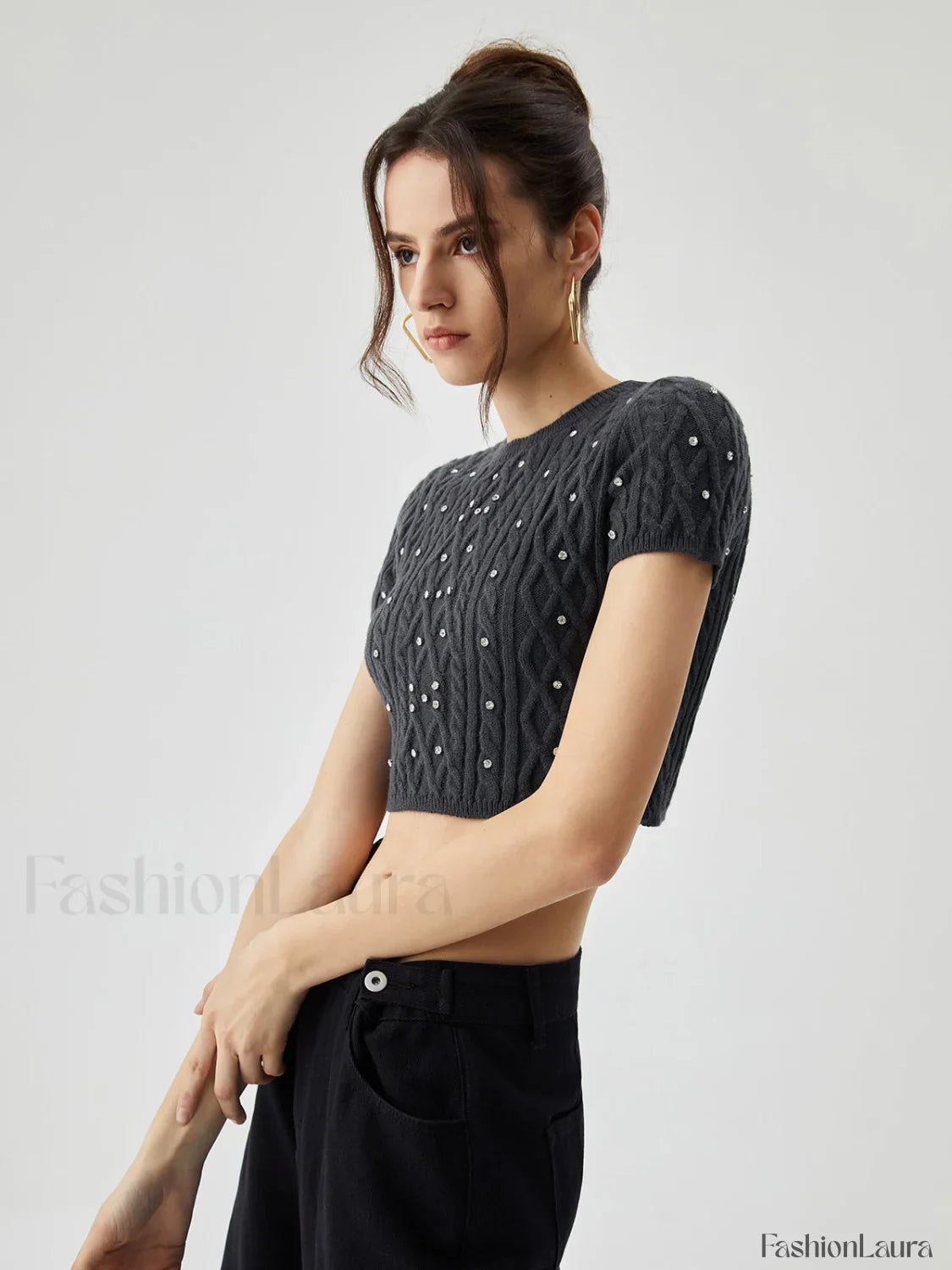 Rhinestones Decor Cable Trendy Knit Crop Top