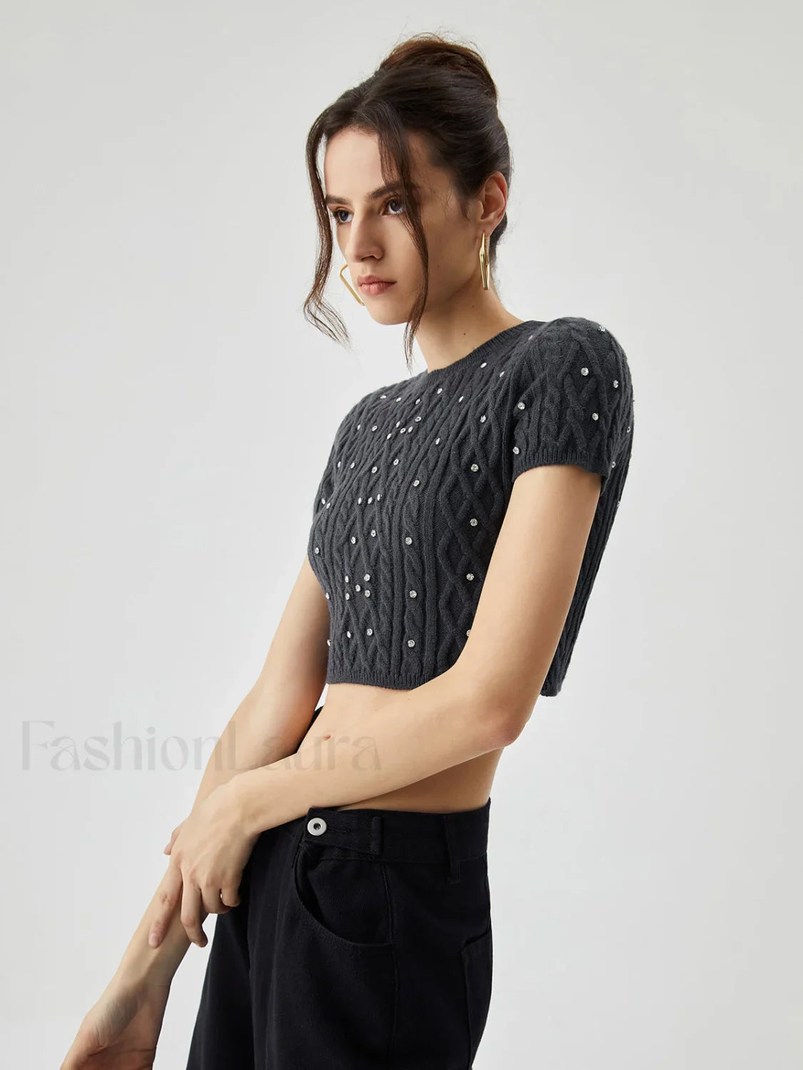 Rhinestones Decor Cable Trendy Knit Crop Top