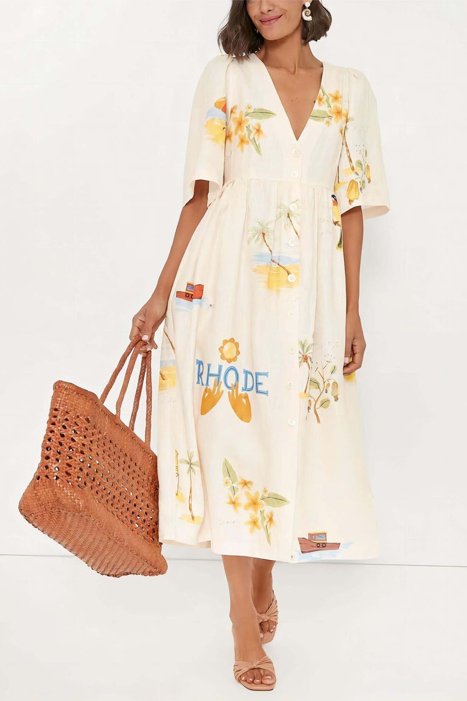 Premium Noelia Printed Linen Midi Dress Elevated Occasion Wear