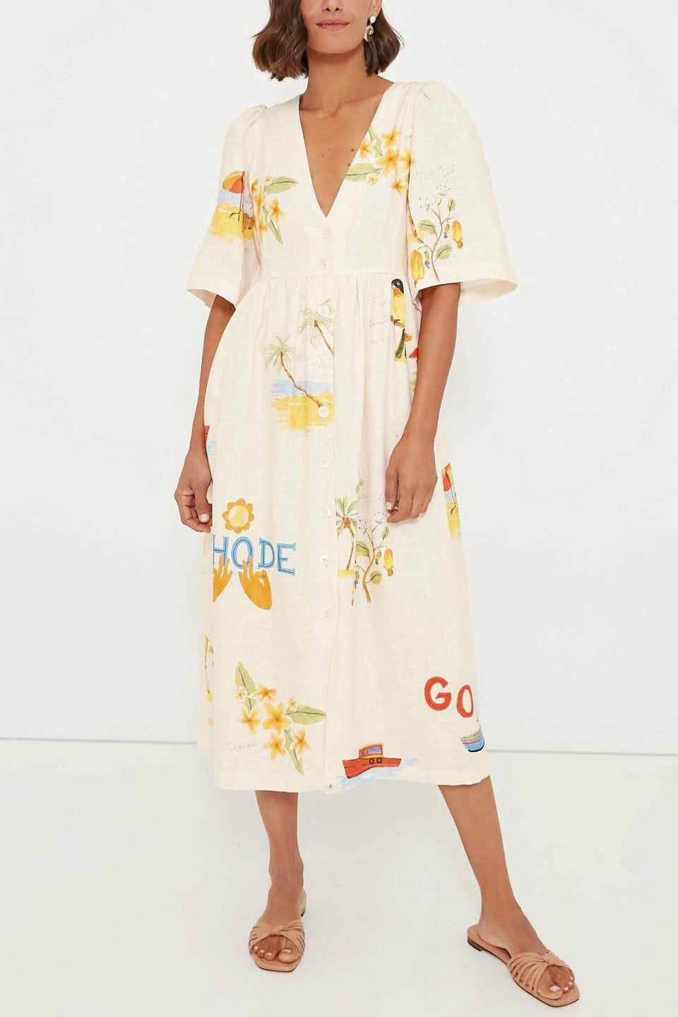 Premium Noelia Printed Linen Midi Dress Elevated Occasion Wear