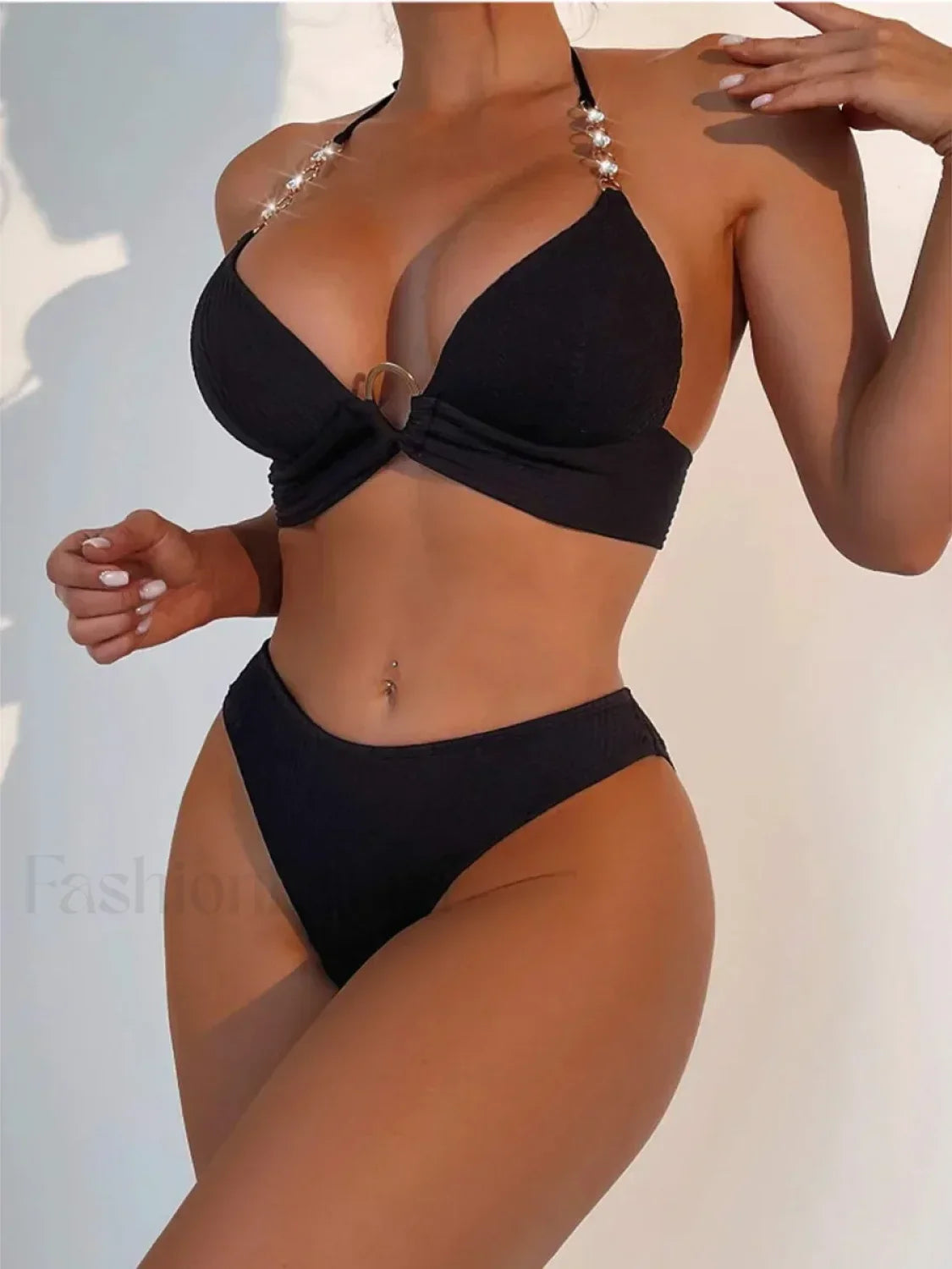 Ribbed Halter Bra Cup Bikini Set
