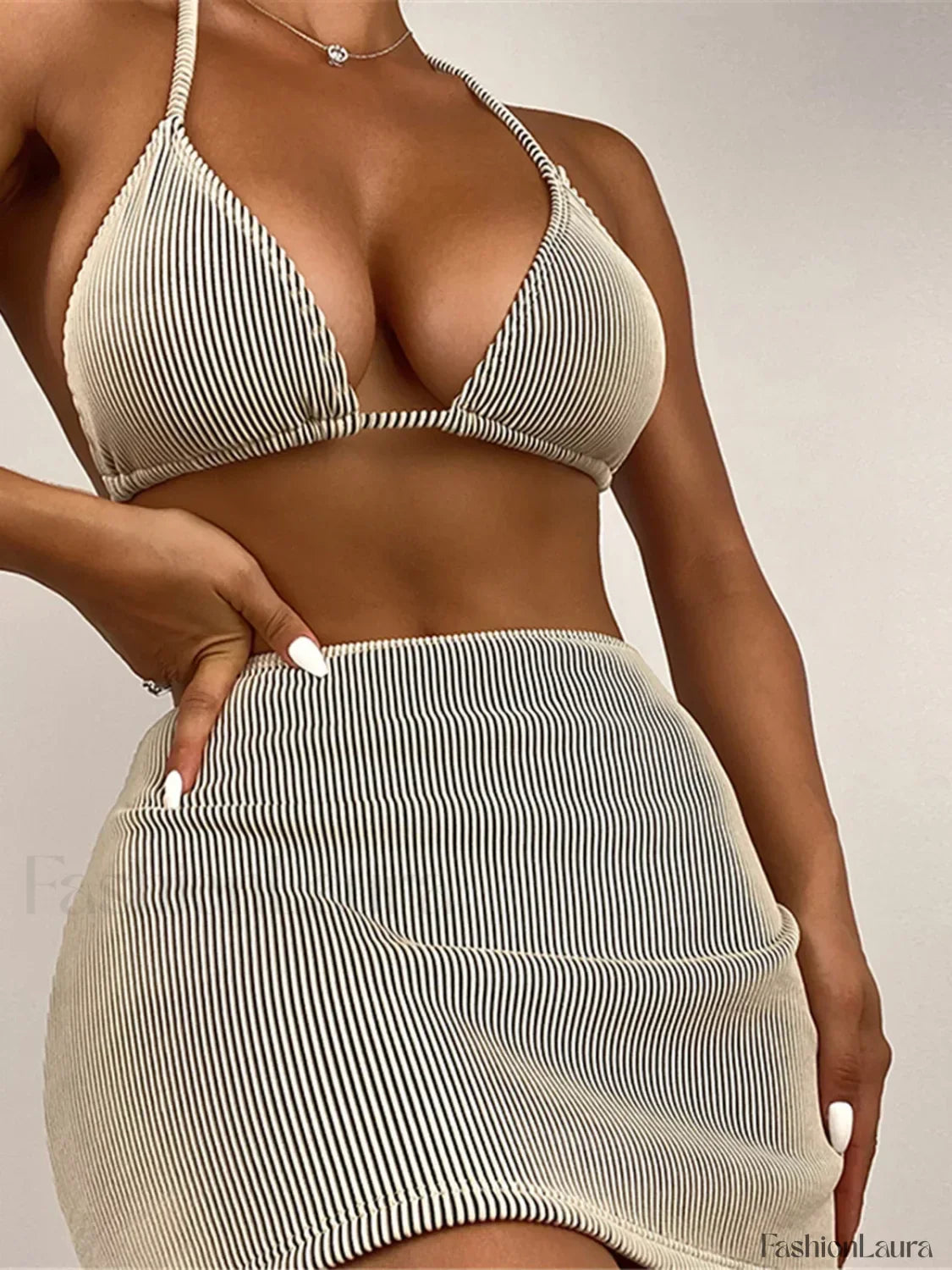 Ribbed Halter Skirt Bikini Three Piece Set