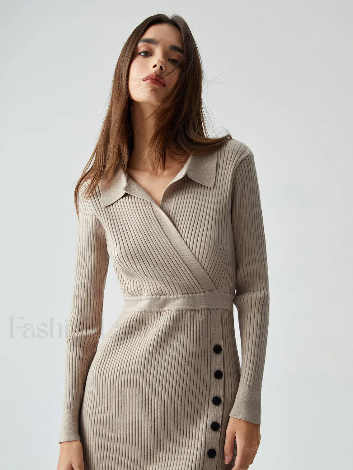 Ribbed Knit Contrast Trim Modern Collared Sweater Midi Dress