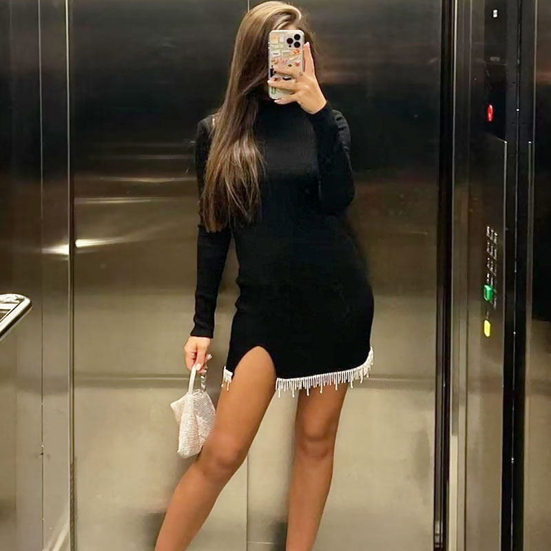 Turtleneck Long Sleeve Ribbed Knit Rhinestone Fringe Hem Sweater Mini Dress