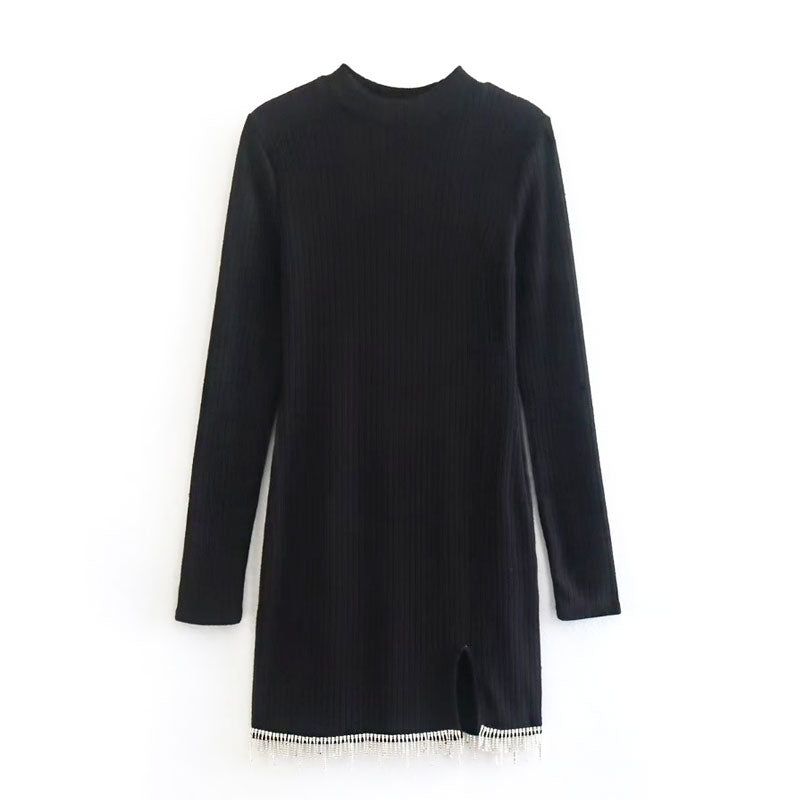 Ribbed Knit Crystal Fringe Long Sleeve Sweater Mini Dress - Black - View 3