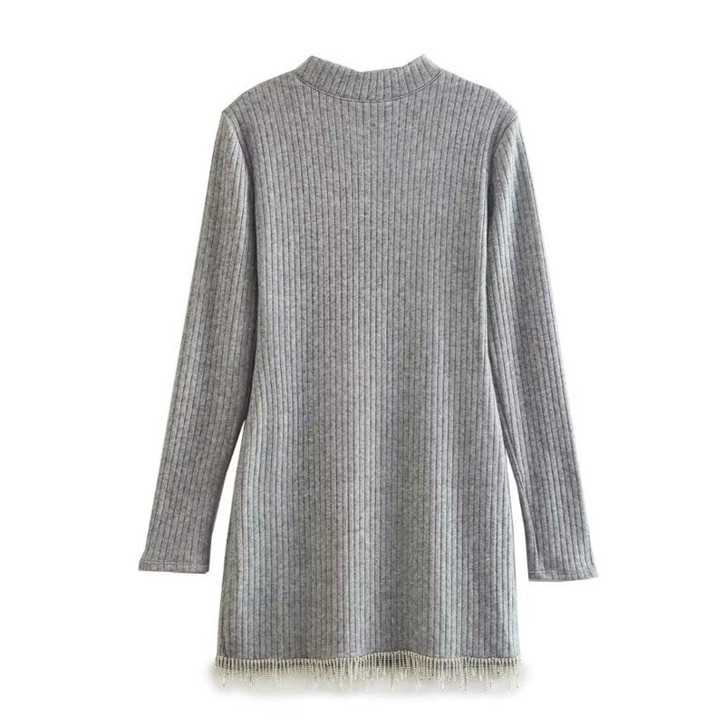 Ribbed Knit Crystal Fringe Long Sleeve Sweater Mini Dress - Gray - View 4