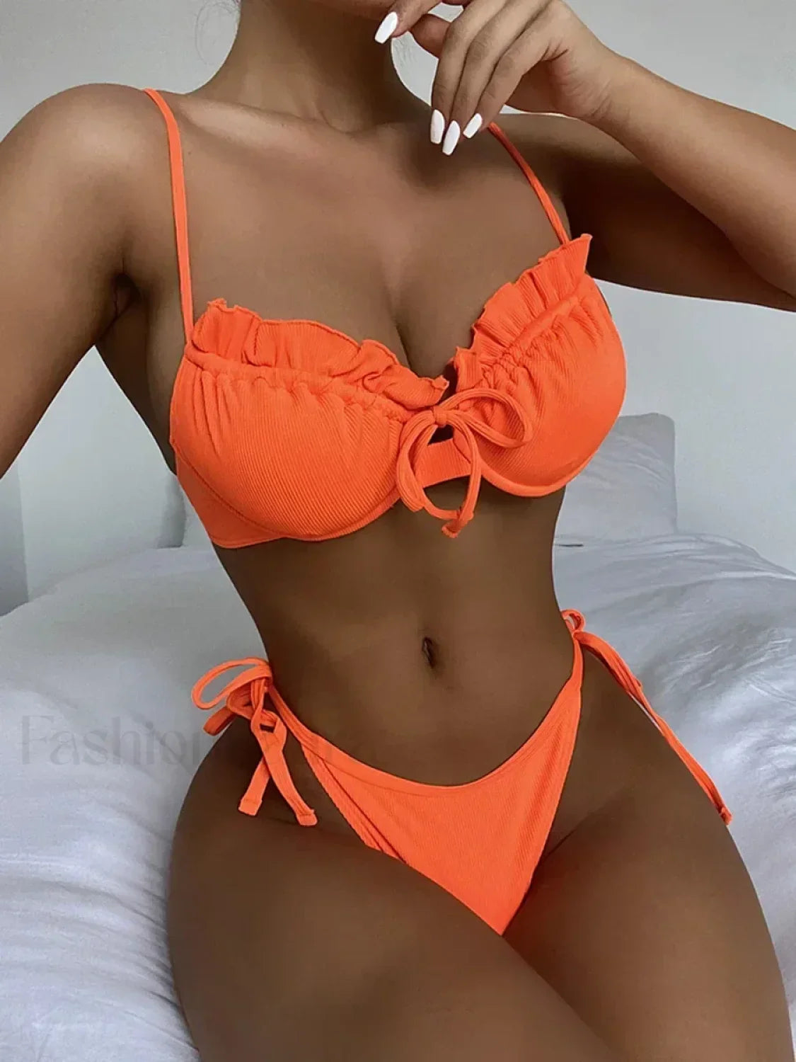 Ribbed Underwired Ruffled Frill Bikini Set