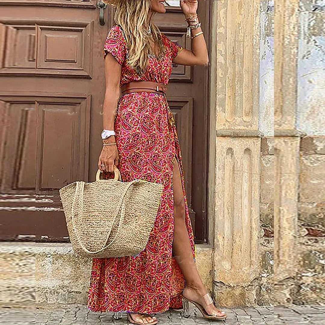Paisley Print V-Neck Short Sleeve Belted High Split Maxi Dress