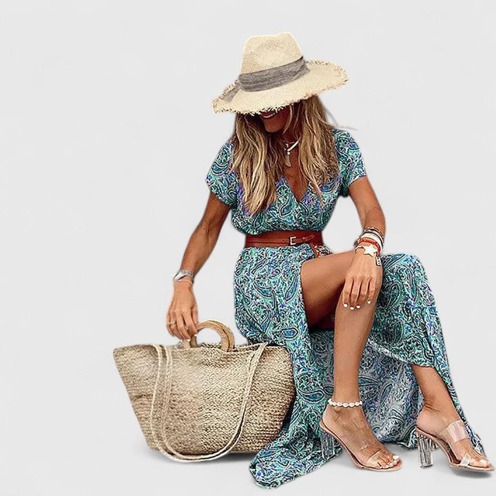 Paisley Print V-Neck Short Sleeve Belted Split Maxi Dress