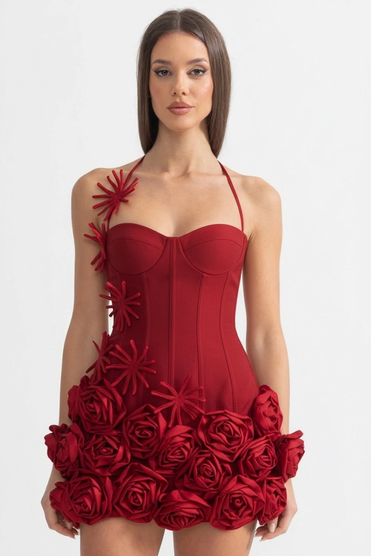Halter Sweetheart Corset Bodice 3D Rose Hem Bandage Mini Dress