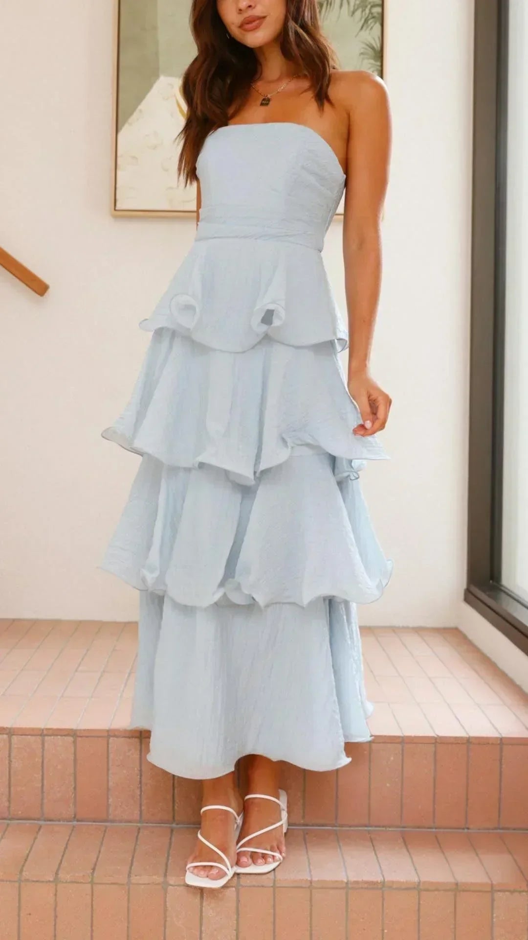 Strapless Ruched Tiered Ruffle Maxi Dress 5