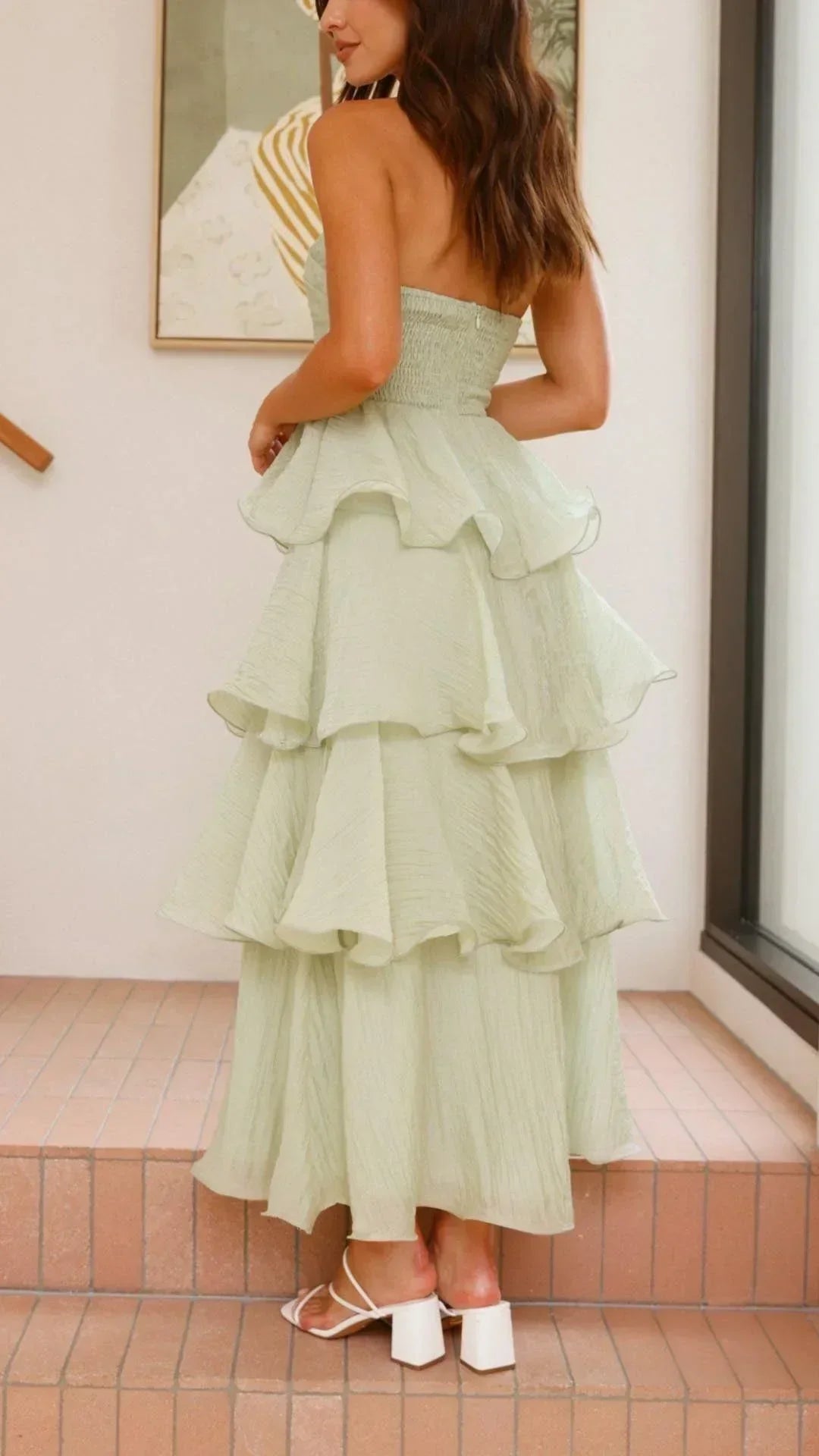 Strapless Ruched Tiered Ruffle Maxi Dress 9