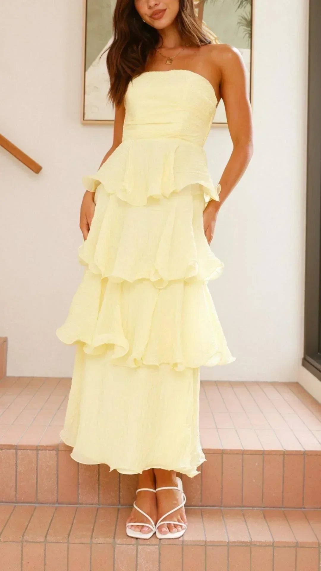 Strapless Ruched Tiered Ruffle Maxi Dress