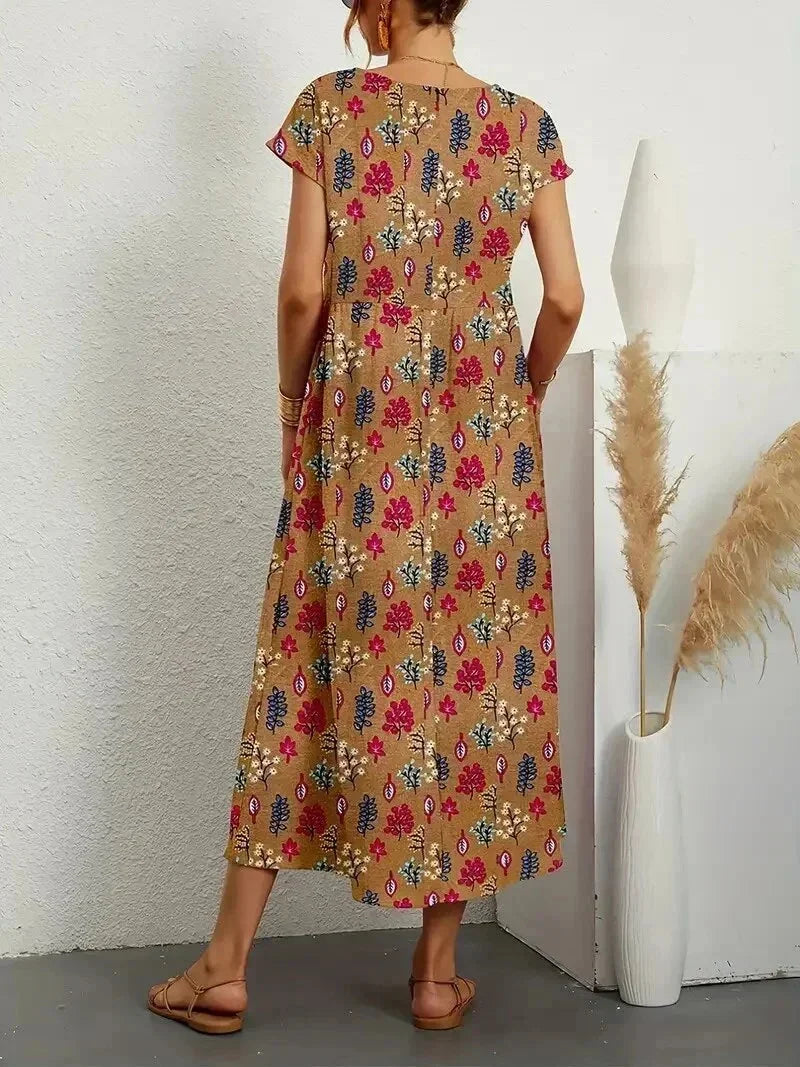 Floral Round Neck Short Sleeve Pocket Tiered Midi Dress 3