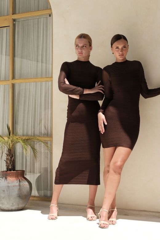 Robin Long Sleeve Bandage Maxi Dress - Tan Brown