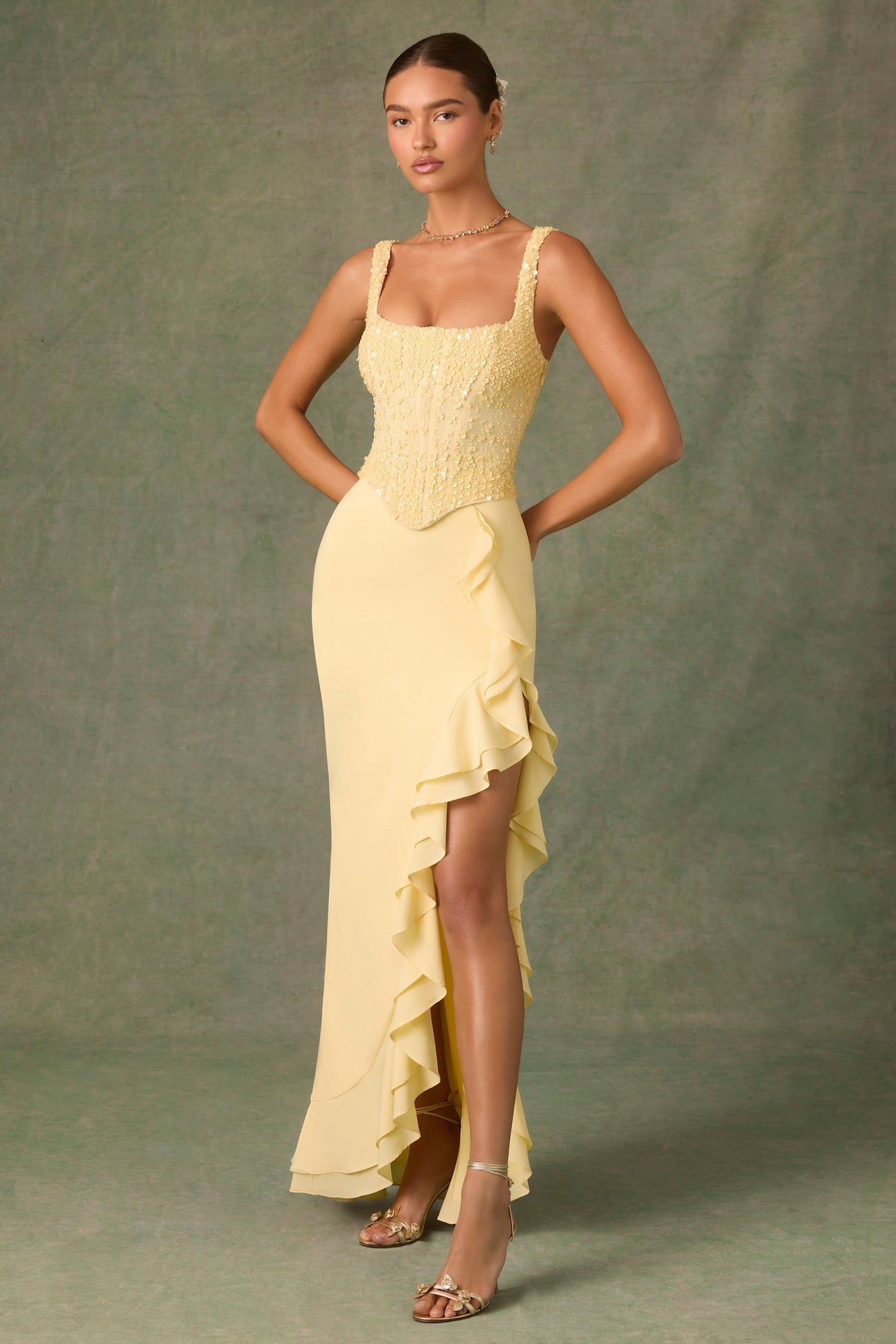 Corset Sequin Ruffle High Low Two Piece Set