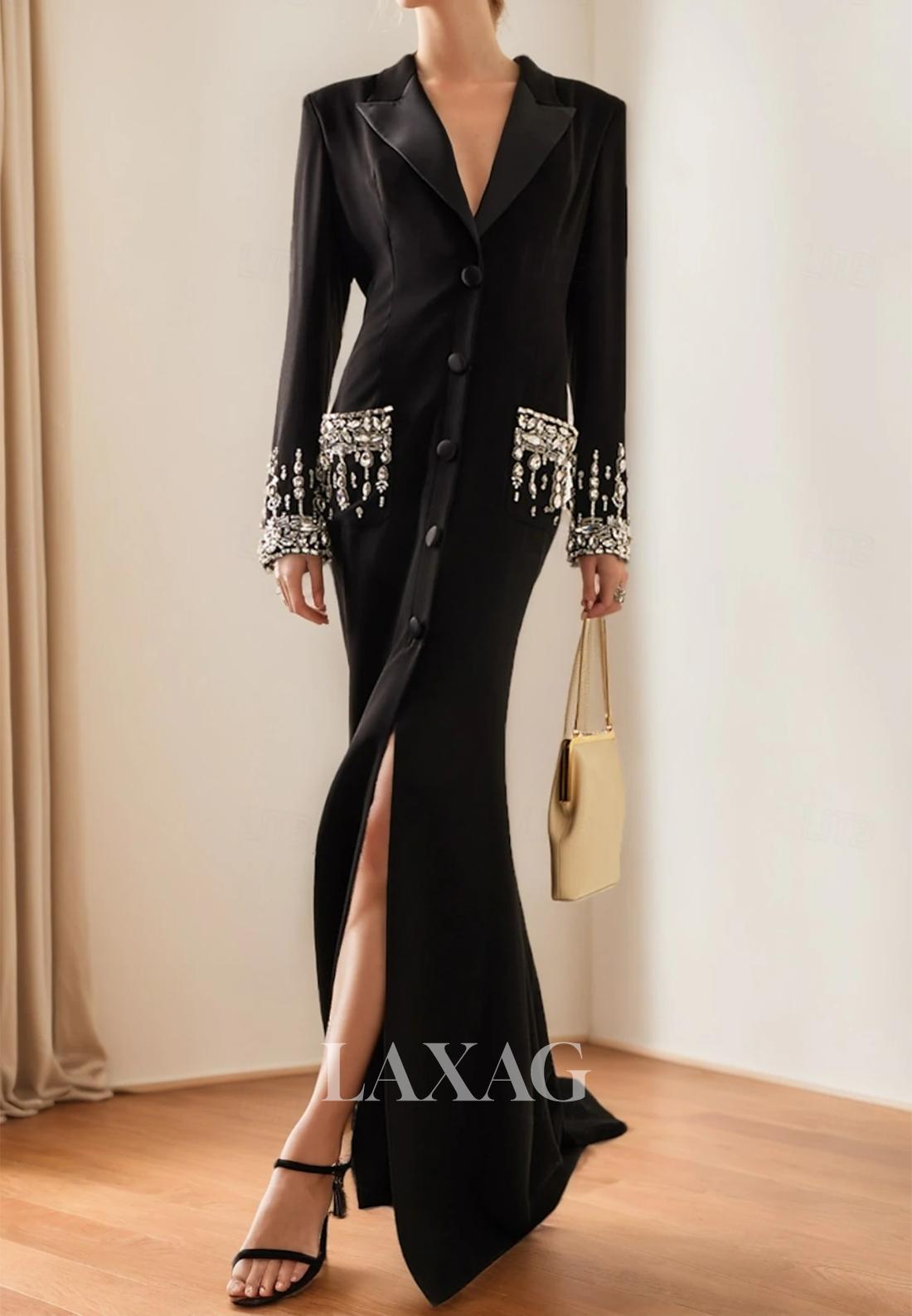 Couture Deep V-Neck Long Sleeves Beaded Pleated Floor-Length Satin Fitted Formal Wedding Guest Dress