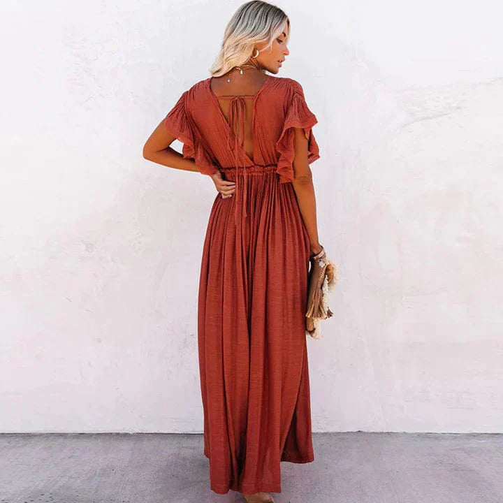 V-Neck Flutter Sleeve Drawstring Waist Button Front Maxi Dress
