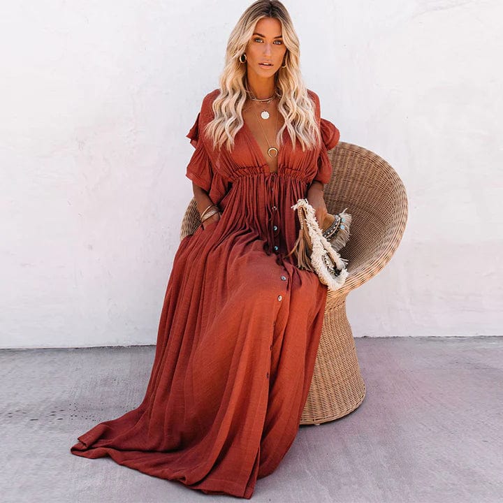 V-Neck Flutter Sleeve Drawstring Waist Button Front Maxi Dress