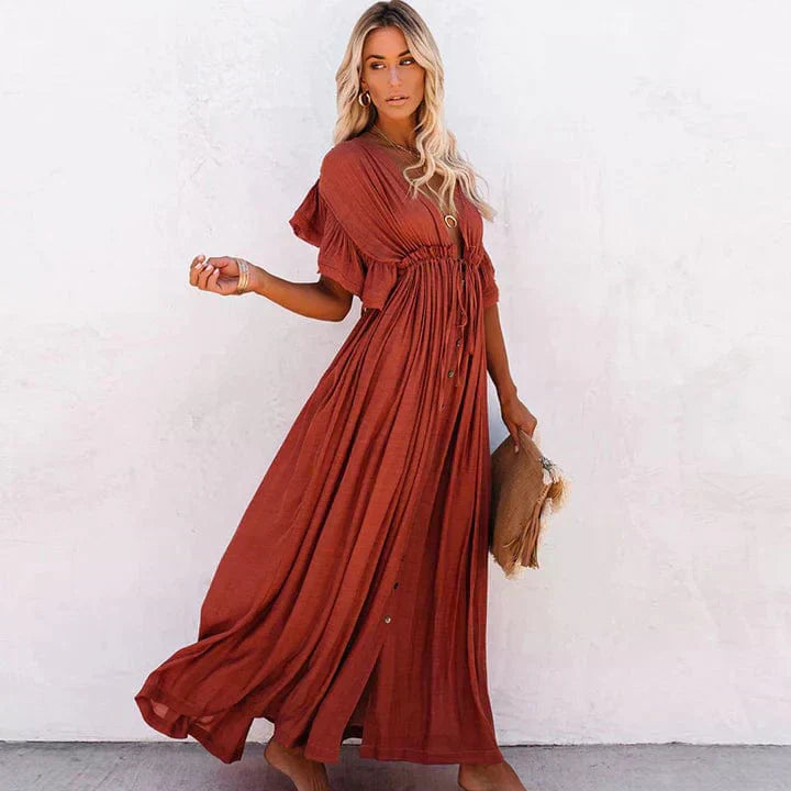 V-Neck Flutter Sleeve Drawstring Waist Button Front Maxi Dress