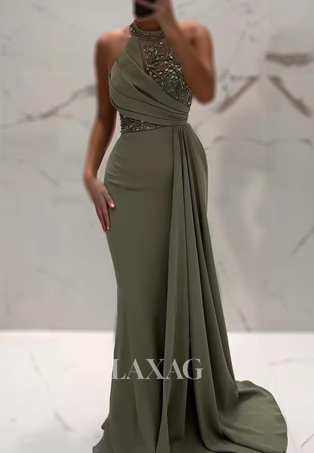 Halter-Neck Off-Shoulder Sleeveless Mermaid Evening Dress Beaded Pleated Satin Formal Gowns