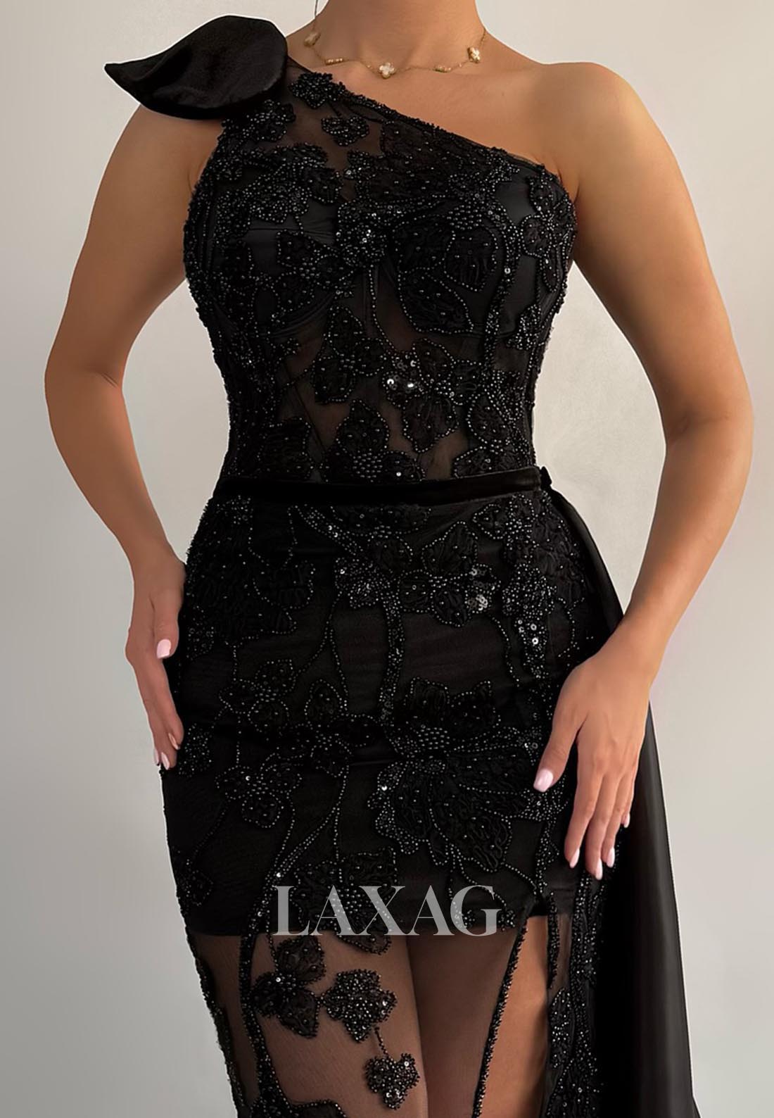 Asymmetrical-Neck Sleeveless High Slit Mermaid Evening Dress Beaded Pleated Tulle Formal Gowns