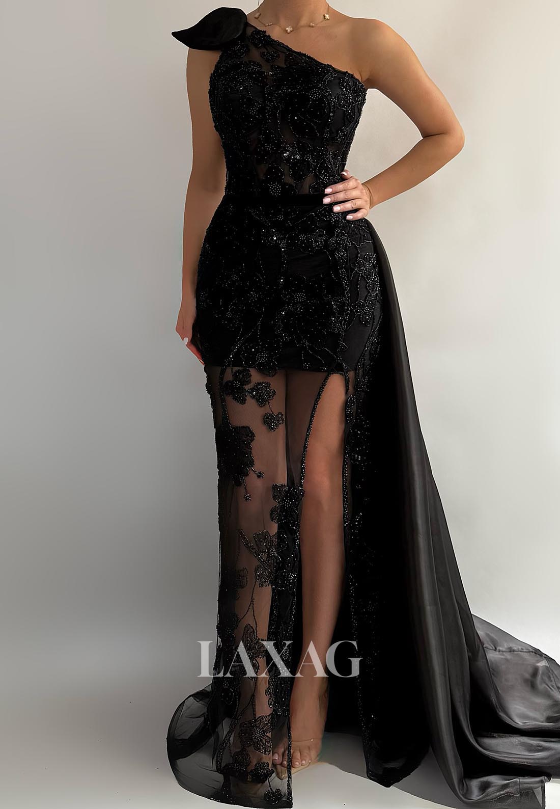 Asymmetrical-Neck Sleeveless High Slit Mermaid Evening Dress Beaded Pleated Tulle Formal Gowns