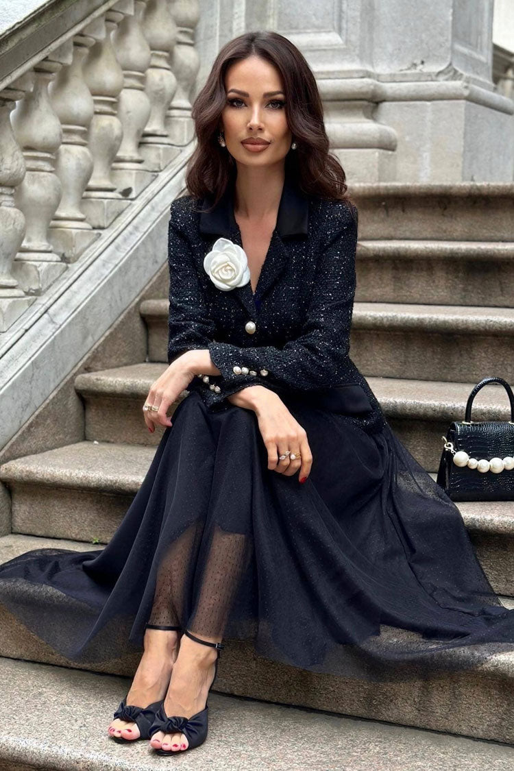 Pearl Button Tweed Blazer Tulle Midi Two Piece Set