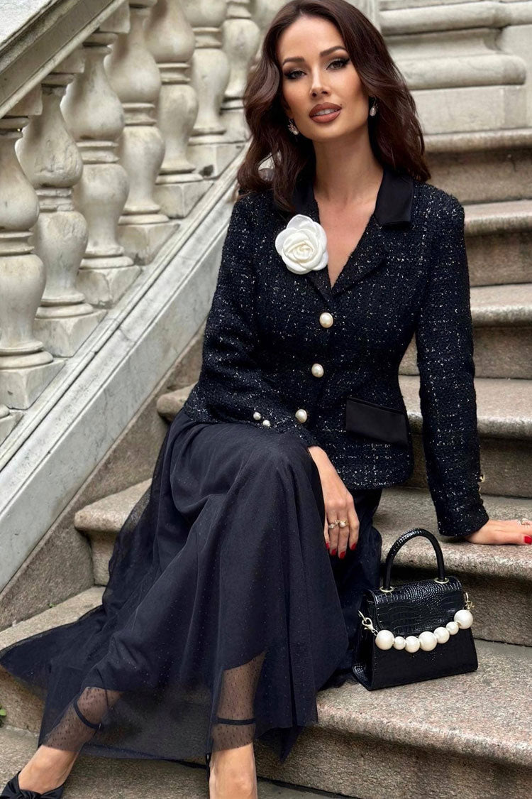 Pearl Button Tweed Blazer Tulle Midi Two Piece Set