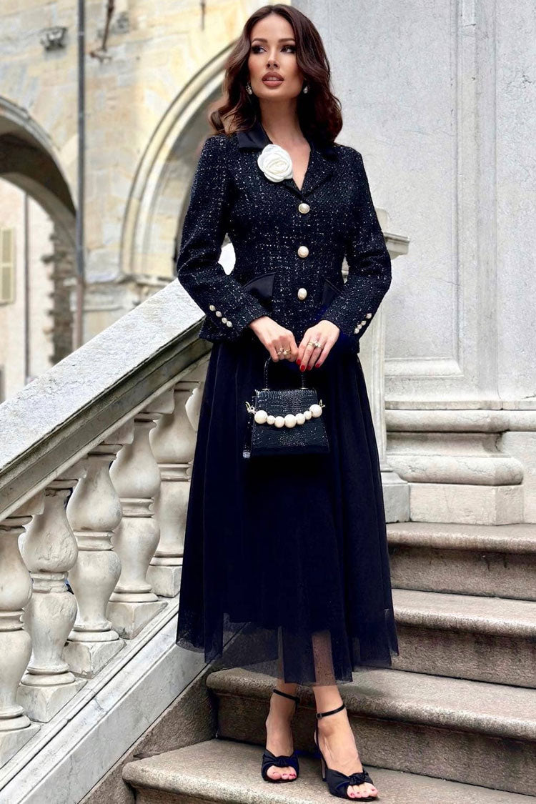 Pearl Button Tweed Blazer Tulle Midi Two Piece Set