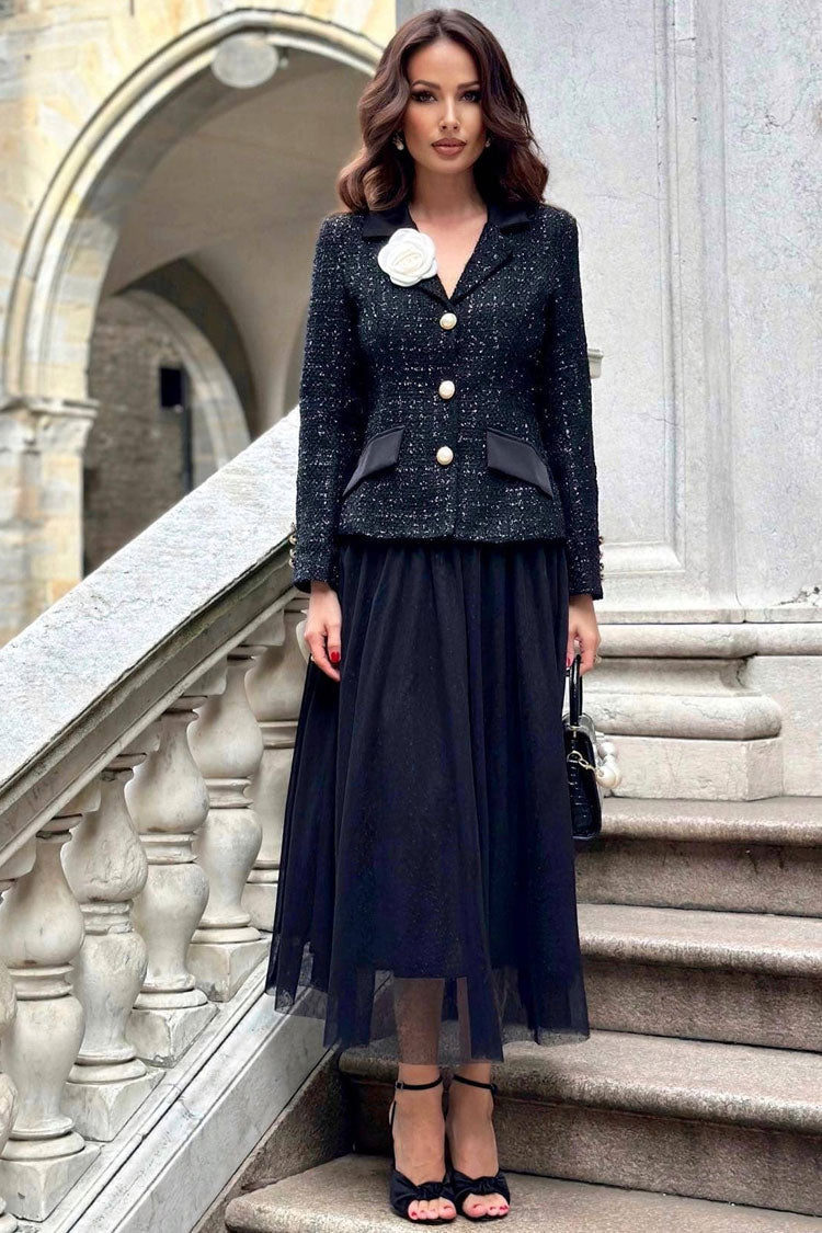 Pearl Button Tweed Blazer Tulle Midi Two Piece Set