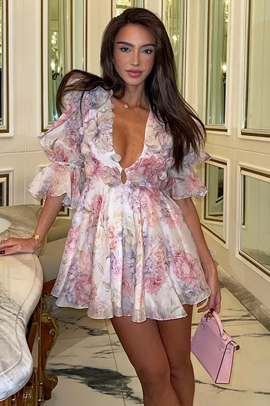 Romantic 3D Flower Printed Deep V Neck Puff Sleeve Party Mini Dress