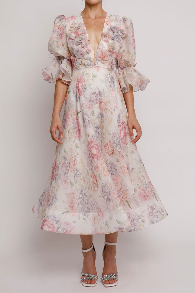 Romantic Floral Deep V Puff Sleeve Fit & Flare Summer Vacation Midi Dress