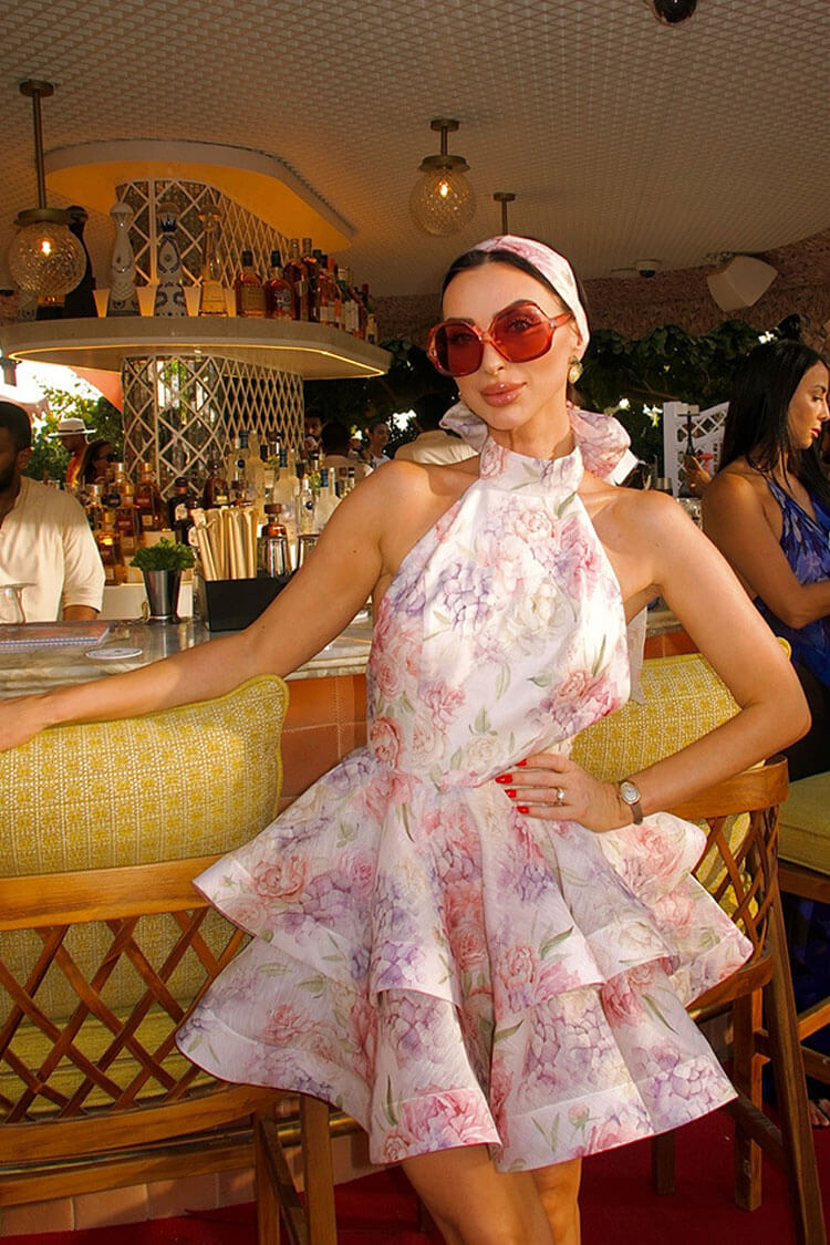 Romantic Halter Bow Tie Backless Ruffle Tiered Floral Party Mini Dress