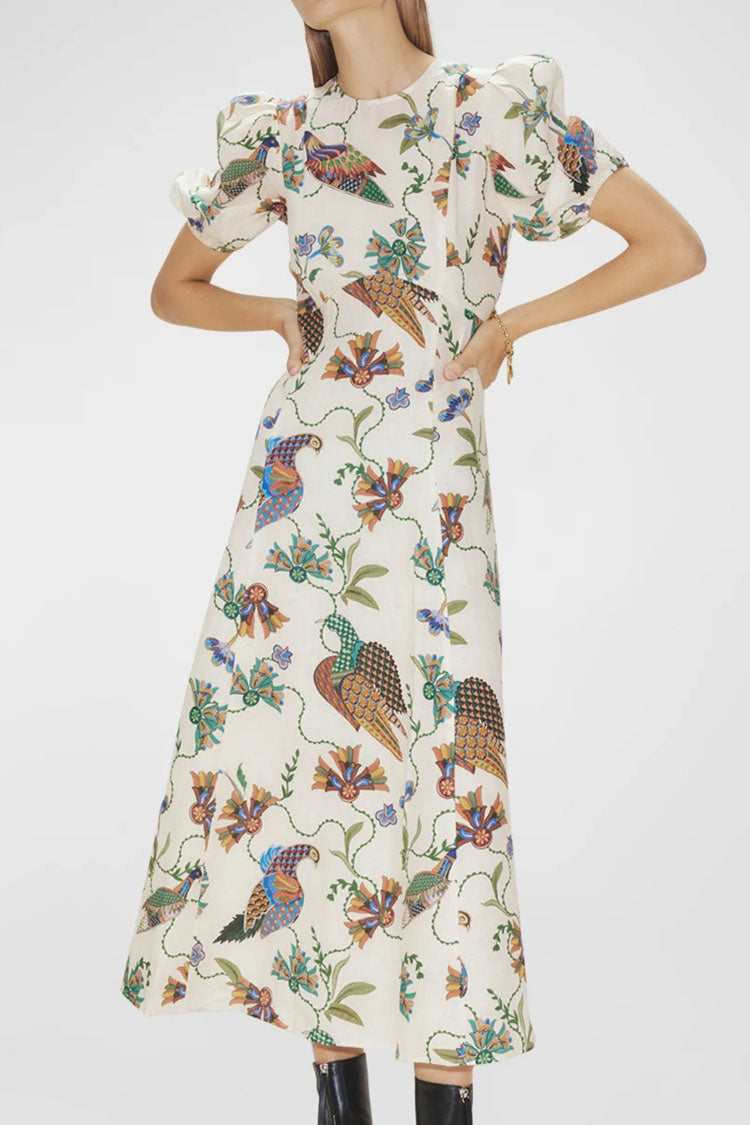 Romantic Printed Crew Neck Puff Sleeve Empire Waist Vacation Midi Dress