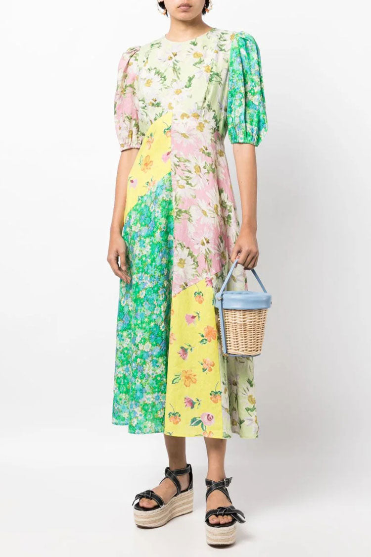 Romantic Printed Crew Neck Puff Sleeve Empire Waist Vacation Midi Dress