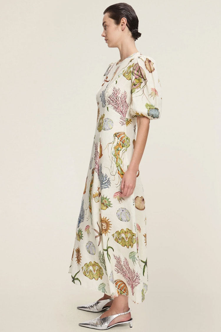 Romantic Printed Crew Neck Puff Sleeve Empire Waist Vacation Midi Dress