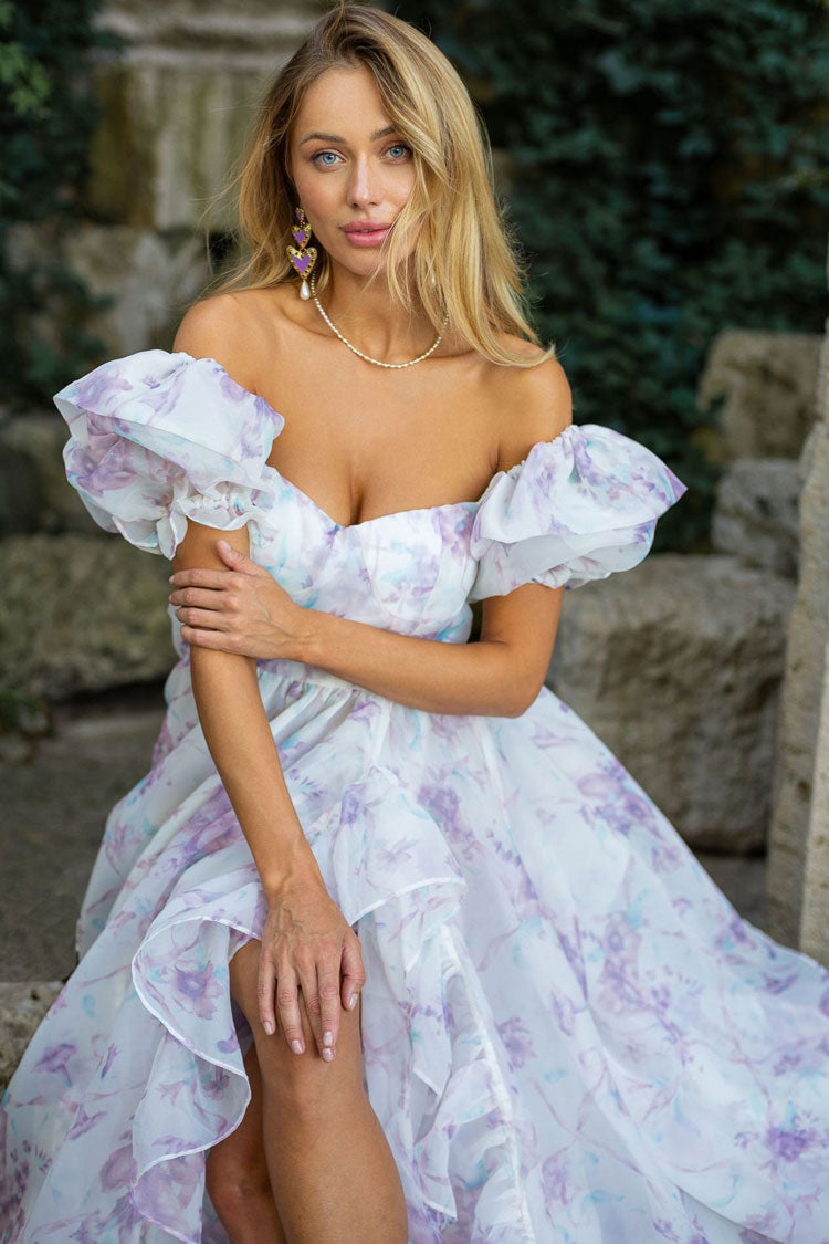 Floral Print Square Neck Puff Sleeve Ruffle Organza High Low Maxi Dress