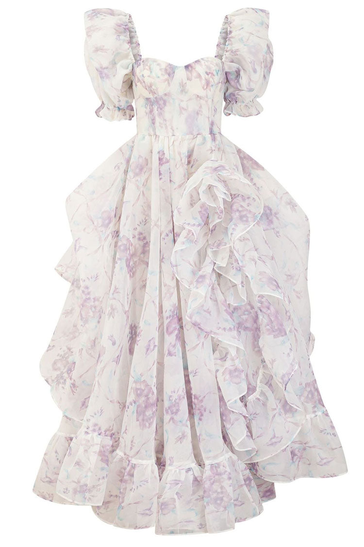 Floral Print Square Neck Puff Sleeve Ruffle Organza High Low Maxi Dress
