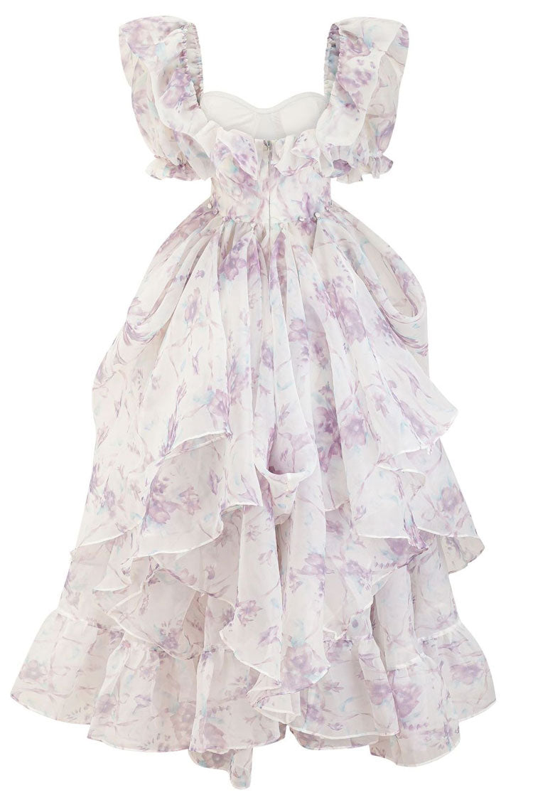 Floral Print Square Neck Puff Sleeve Ruffle Organza High Low Maxi Dress