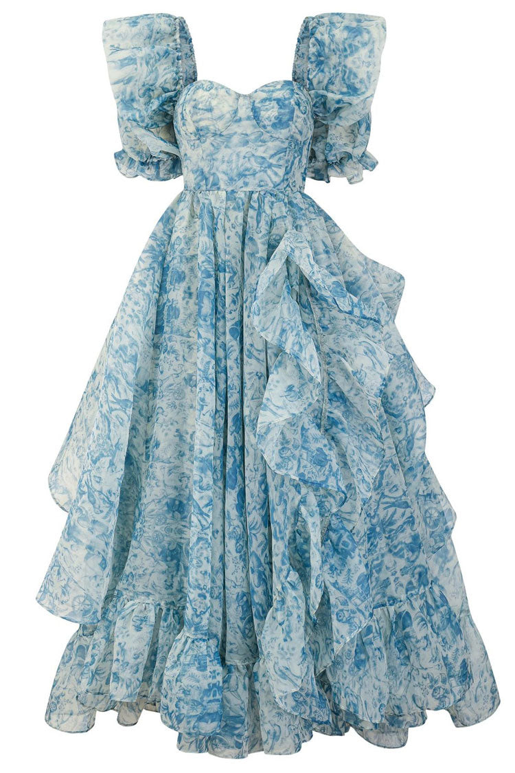 Floral Print Square Neck Puff Sleeve Ruffle Organza High Low Maxi Dress