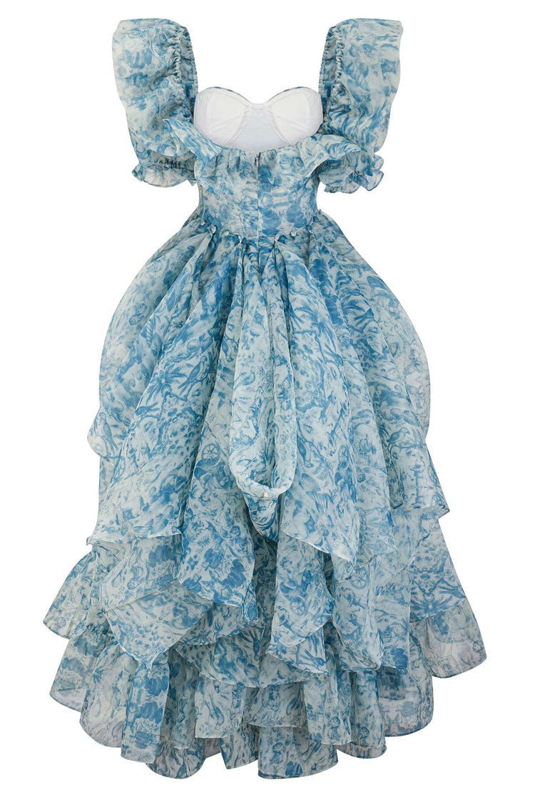 Floral Print Square Neck Puff Sleeve Ruffle Organza High Low Maxi Dress
