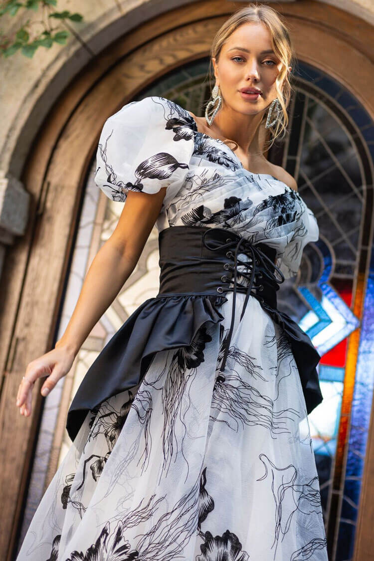 Floral Print Off Shoulder Puff Sleeve Corset A-Line Midi Dress